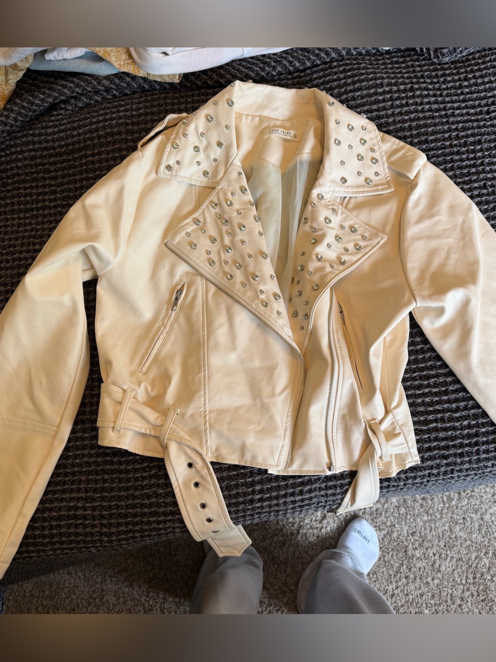 12th Tribe Cream Studded Faux Leather Biker Jacket
